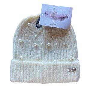 Jessica Simpson winter knit beanie hat with pearls ivory cream color
